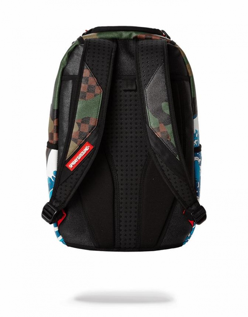 Multicolor Men's Sprayground Camokawa Wave Shark Backpacks | EXQN50216