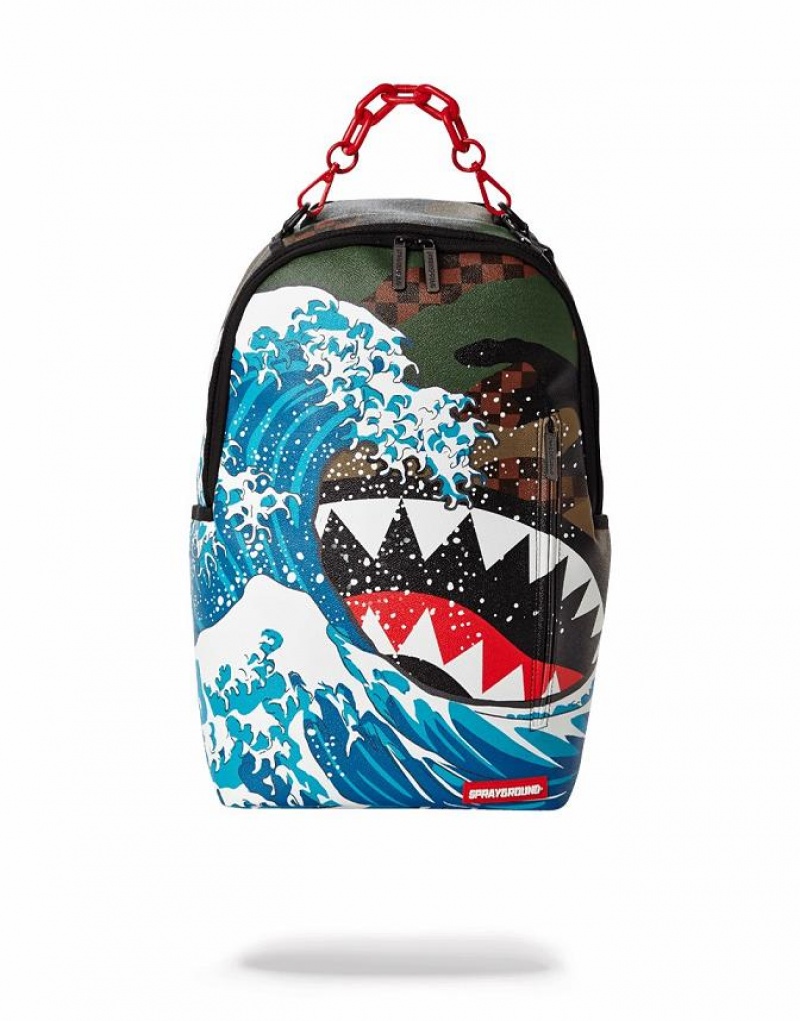 Multicolor Men\'s Sprayground Camokawa Wave Shark Backpacks | EXQN50216