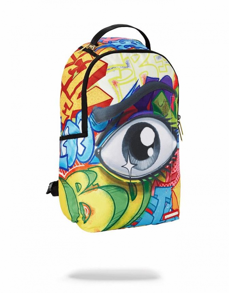 Multicolor Men's Sprayground Graffiti Eye Backpacks | BNKX26485