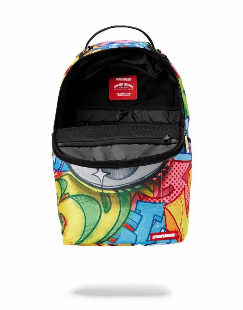 Multicolor Men's Sprayground Graffiti Eye Backpacks | BNKX26485