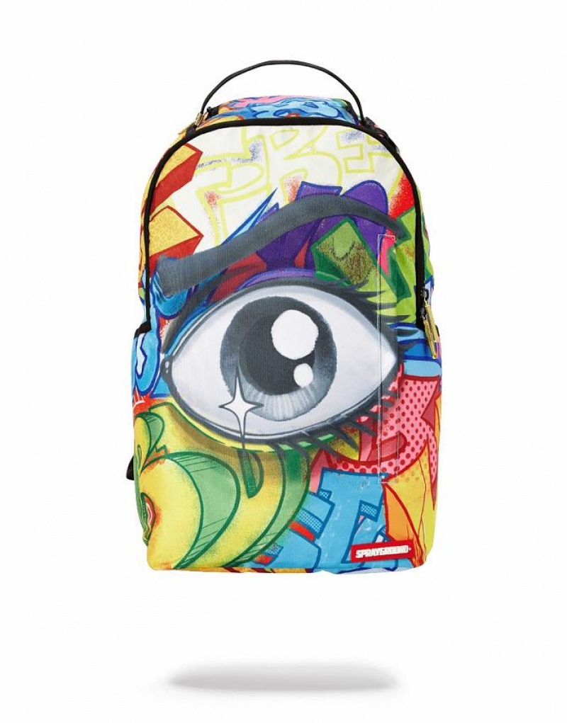 Multicolor Men\'s Sprayground Graffiti Eye Backpacks | BNKX26485