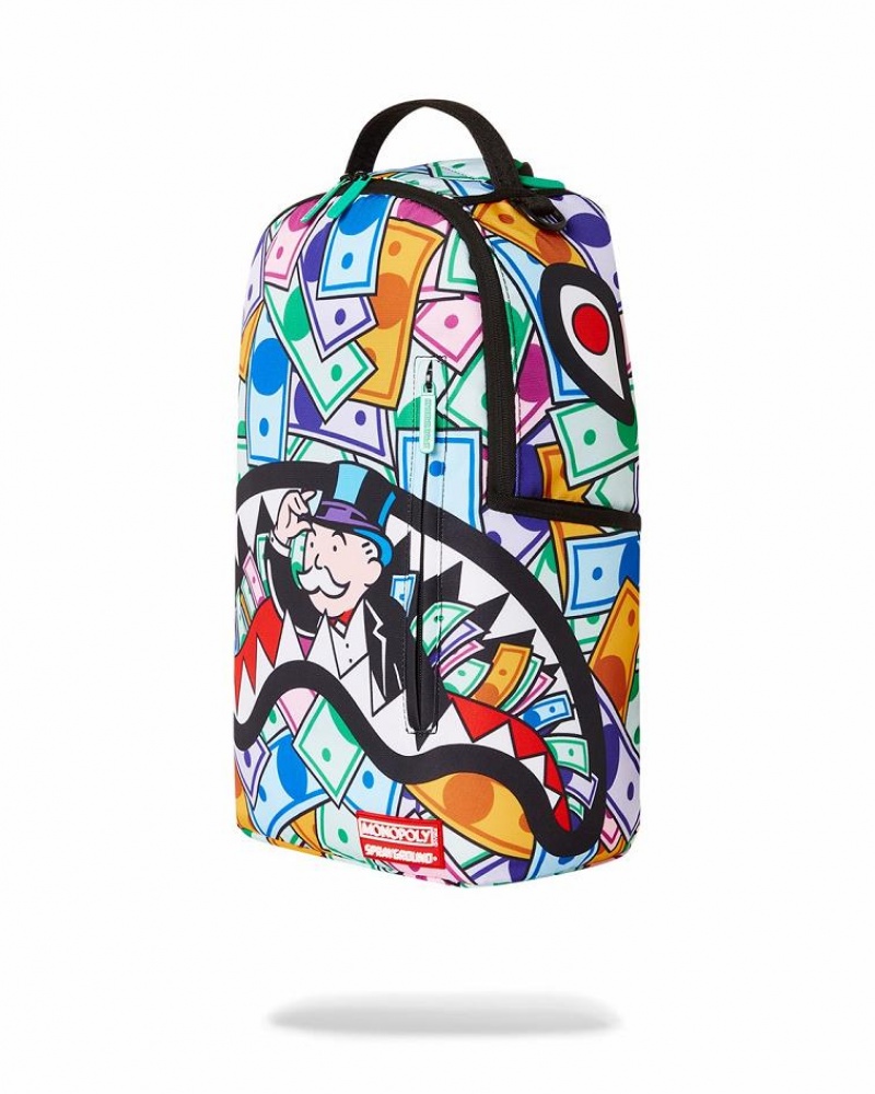 Multicolor Men's Sprayground Monopoly Wall Street Backpacks | QRJU27496