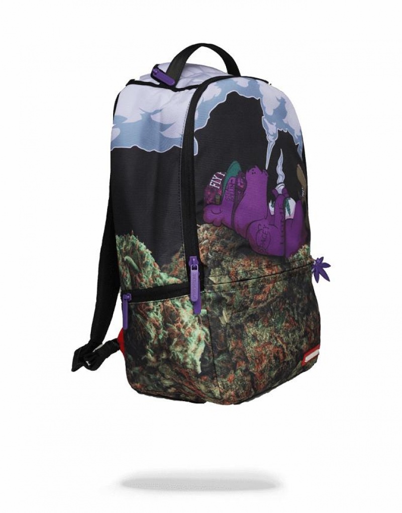 Multicolor Men's Sprayground Purple Haze Ganja Bear Backpacks | NAUJ92435