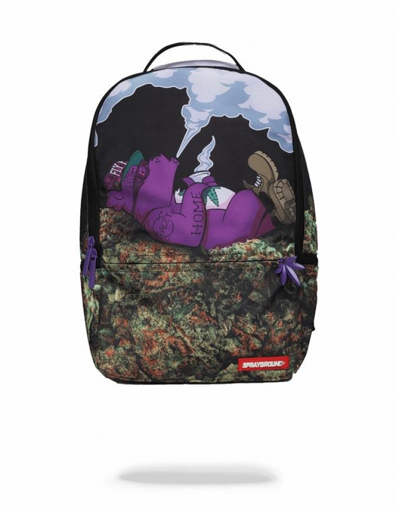 Multicolor Men\'s Sprayground Purple Haze Ganja Bear Backpacks | NAUJ92435