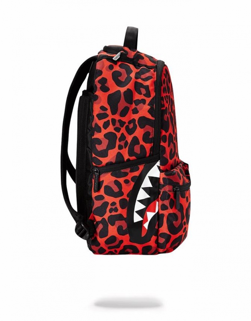 Red Black Men's Sprayground Leopard Double Cargo Backpacks | TYXF50172