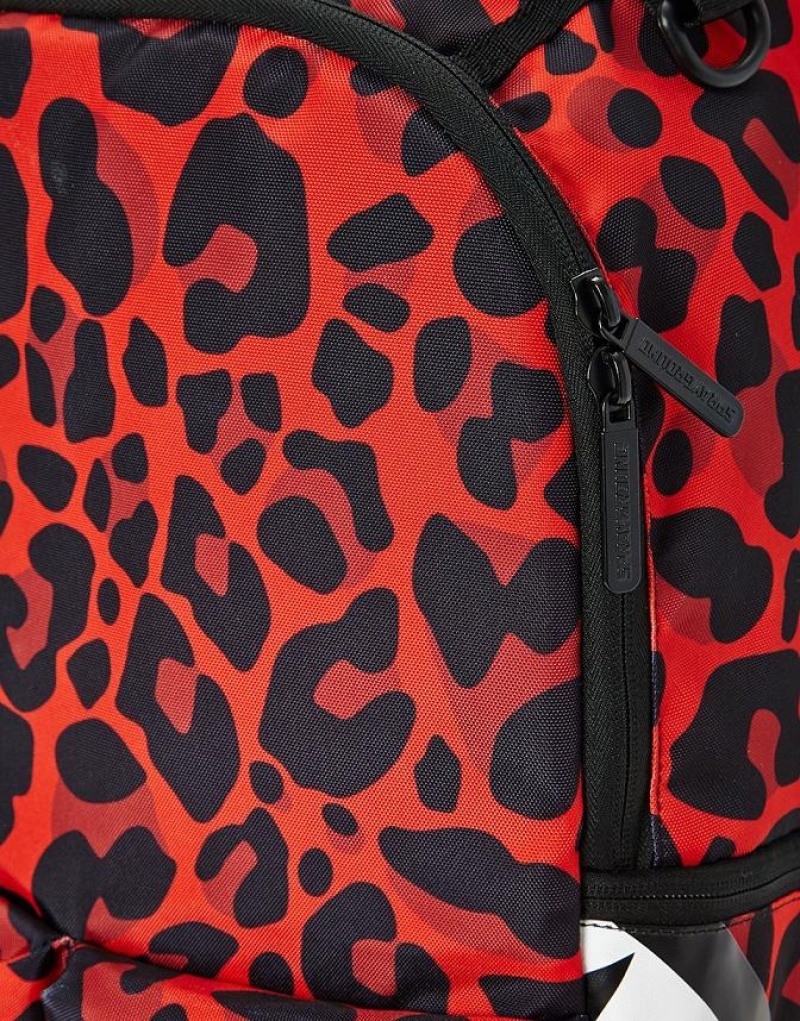 Red Black Men's Sprayground Leopard Double Cargo Backpacks | TYXF50172