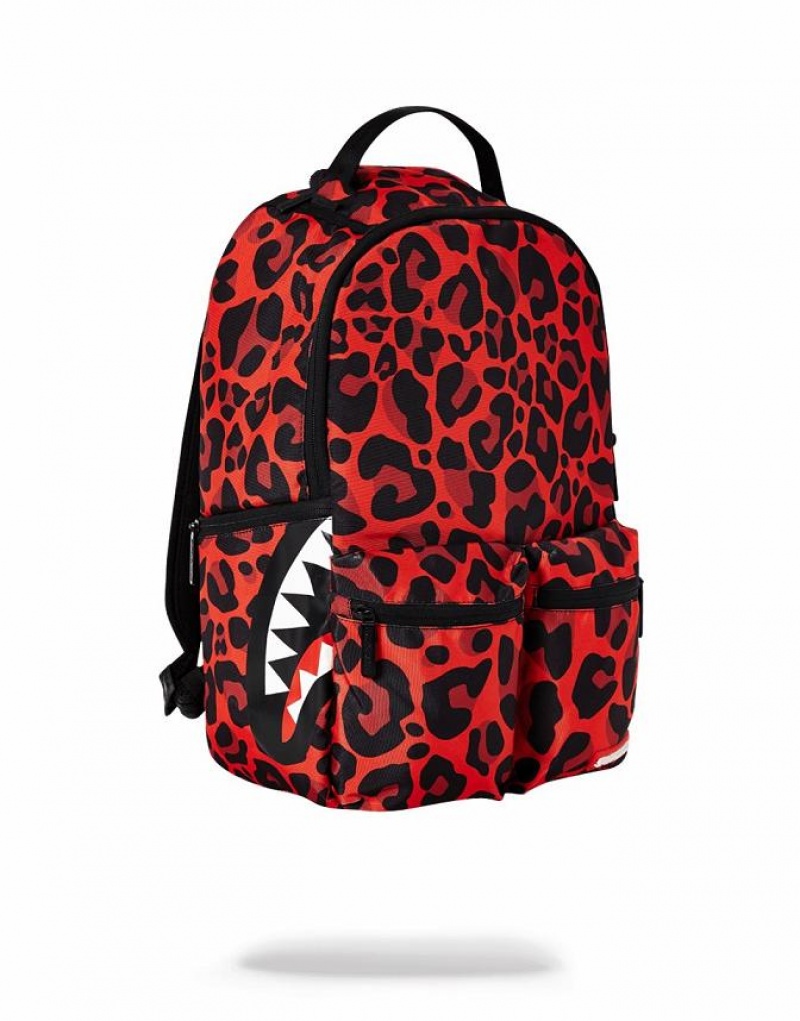 Red Black Men\'s Sprayground Leopard Double Cargo Backpacks | TYXF50172