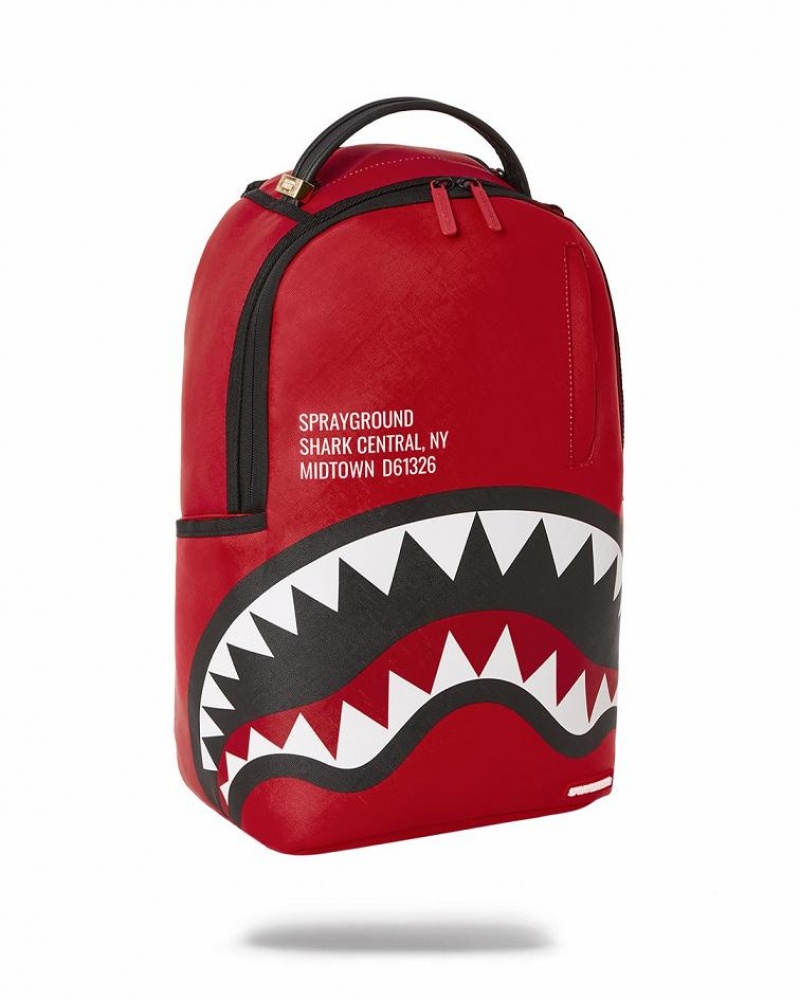 Red Black Men's Sprayground Shark Central Backpacks | DGCV73860