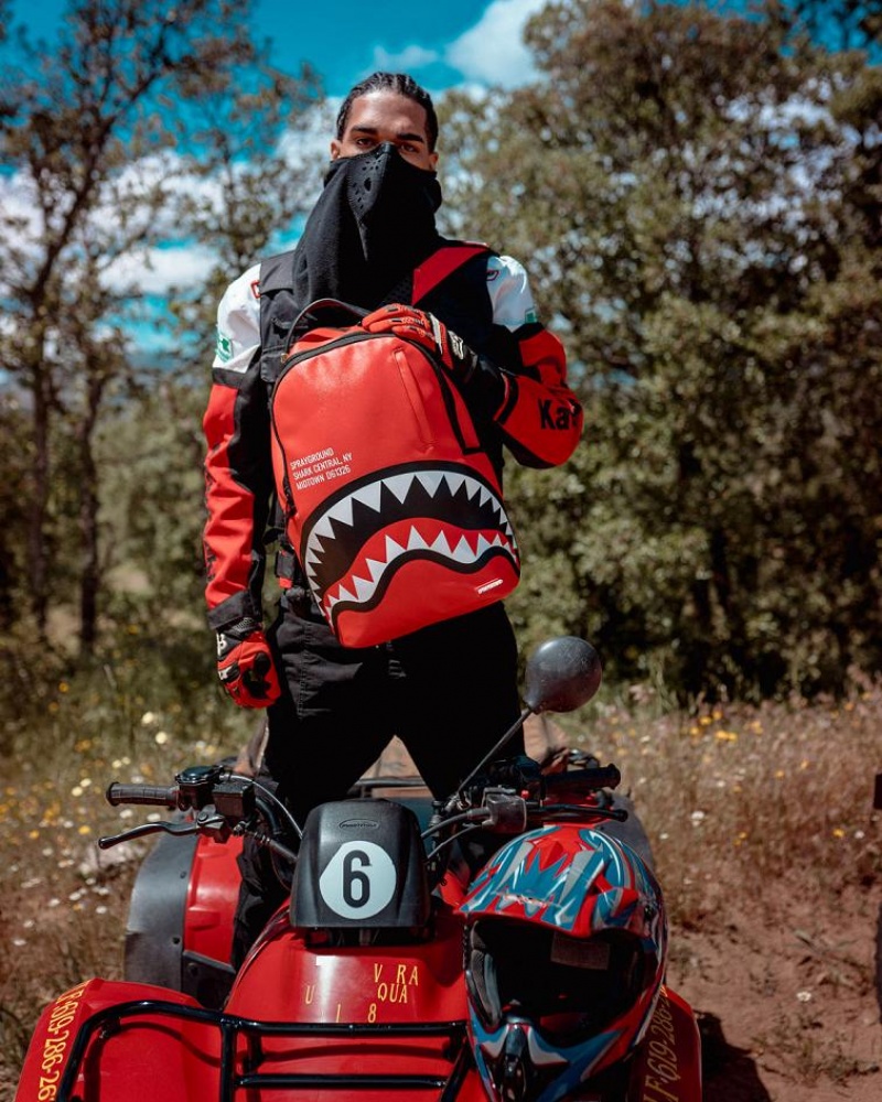 Red Black Men's Sprayground Shark Central Backpacks | DGCV73860