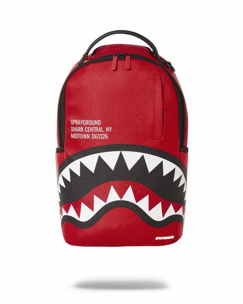 Red Black Men\'s Sprayground Shark Central Backpacks | DGCV73860