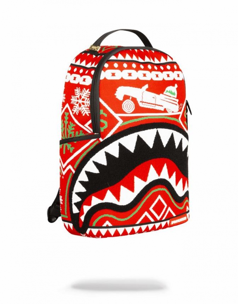 Red Black Men's Sprayground Ugly Sweater Shark Backpacks | OHTP45176