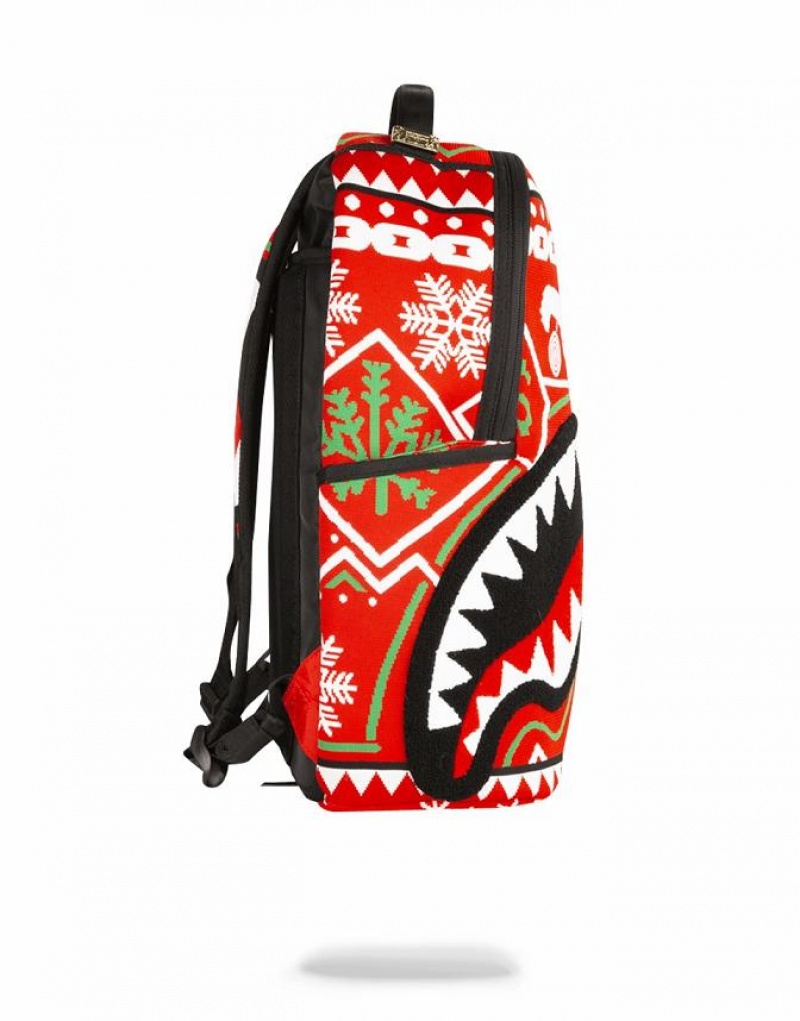 Red Black Men's Sprayground Ugly Sweater Shark Backpacks | OHTP45176