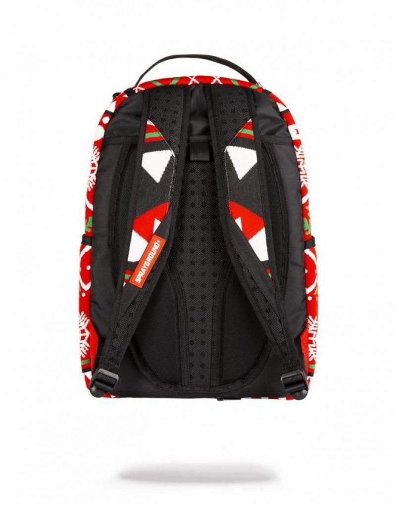 Red Black Men's Sprayground Ugly Sweater Shark Backpacks | OHTP45176