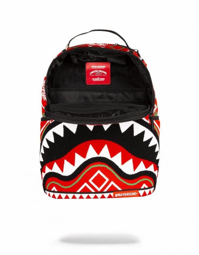 Red Black Men's Sprayground Ugly Sweater Shark Backpacks | OHTP45176