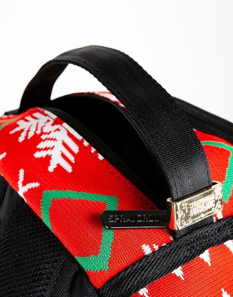 Red Black Men's Sprayground Ugly Sweater Shark Backpacks | OHTP45176