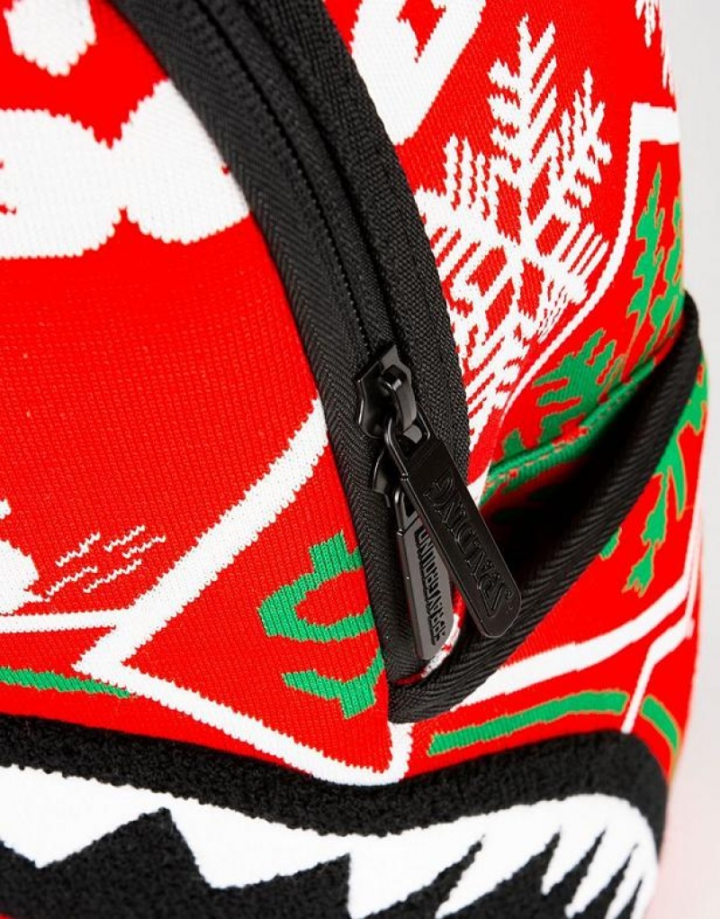 Red Black Men's Sprayground Ugly Sweater Shark Backpacks | OHTP45176