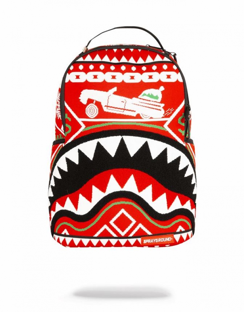 Red Black Men\'s Sprayground Ugly Sweater Shark Backpacks | OHTP45176