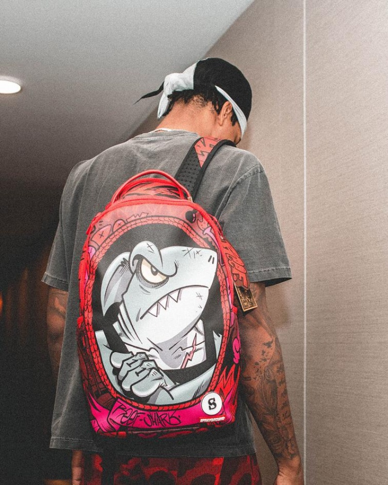 Red Men's Sprayground Reef Shark Backpacks | ITRJ92735