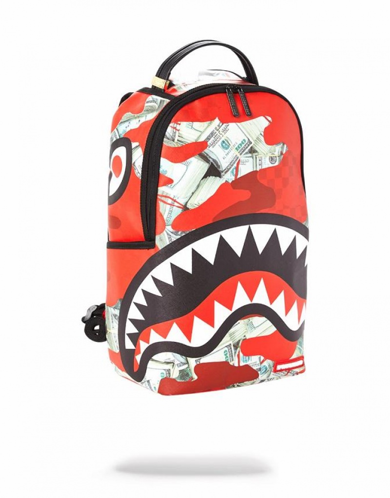 Red White Men's Sprayground Money Camo Backpacks | BDUL34805