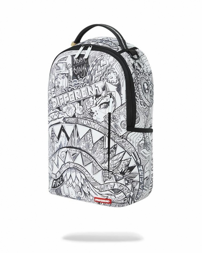 White Black Men's Sprayground Mad Doodles Backpacks | DRSF19628