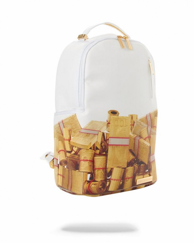 White Men's Sprayground Gold Money Bricks Dlxv Backpacks | KJUC32879