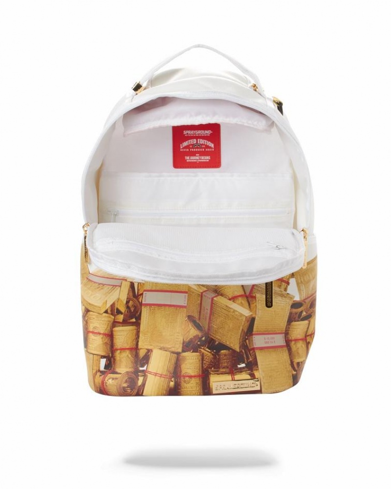 White Men's Sprayground Gold Money Bricks Dlxv Backpacks | KJUC32879