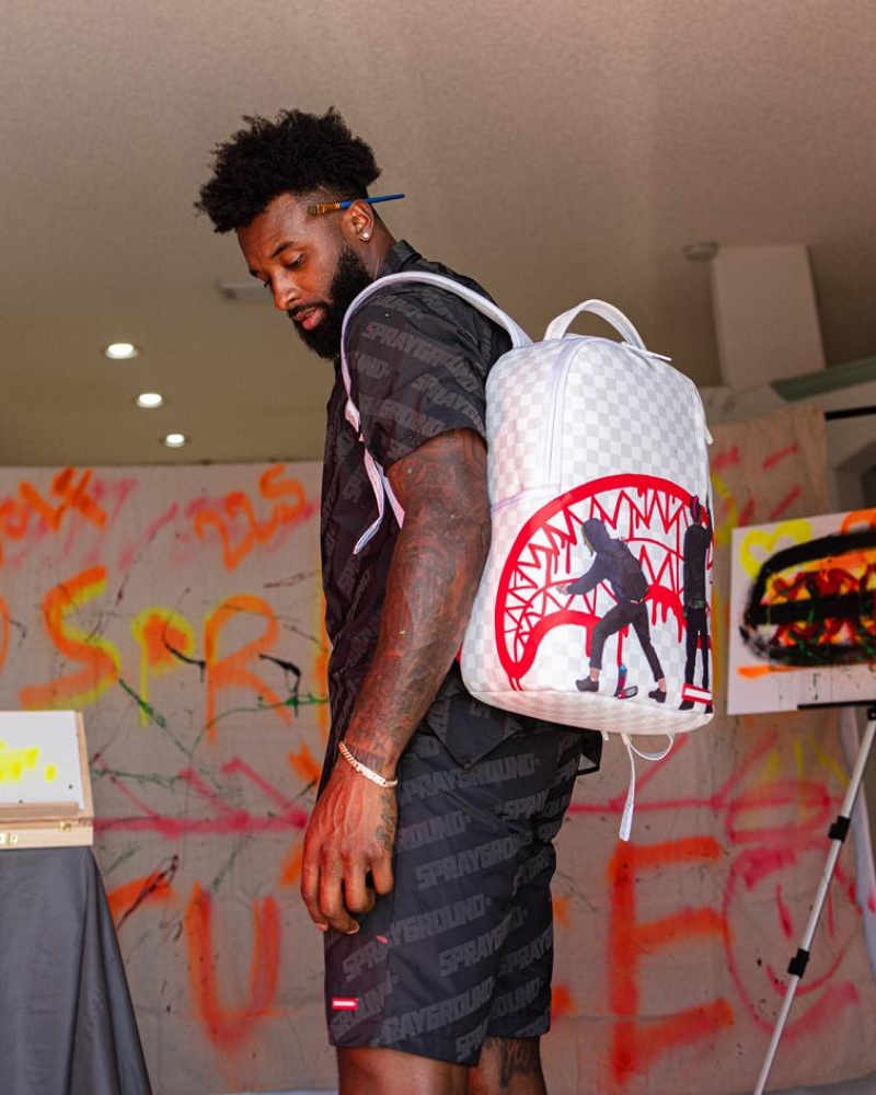 White Men's Sprayground Jarvis Landry Wynwood Backpacks | EGMZ74059