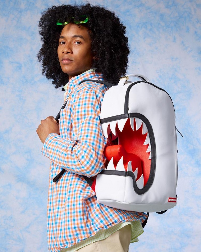 White Men's Sprayground Scream Shark Backpacks | IAQD92641