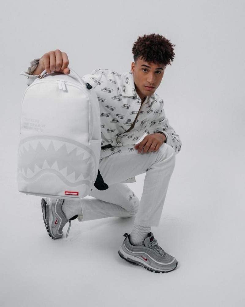 White Men's Sprayground Shark Central Backpacks | RHJK06954