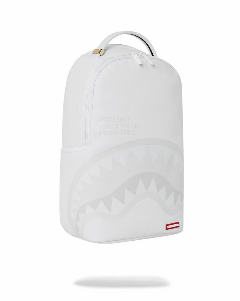 White Men's Sprayground Shark Central Backpacks | RHJK06954