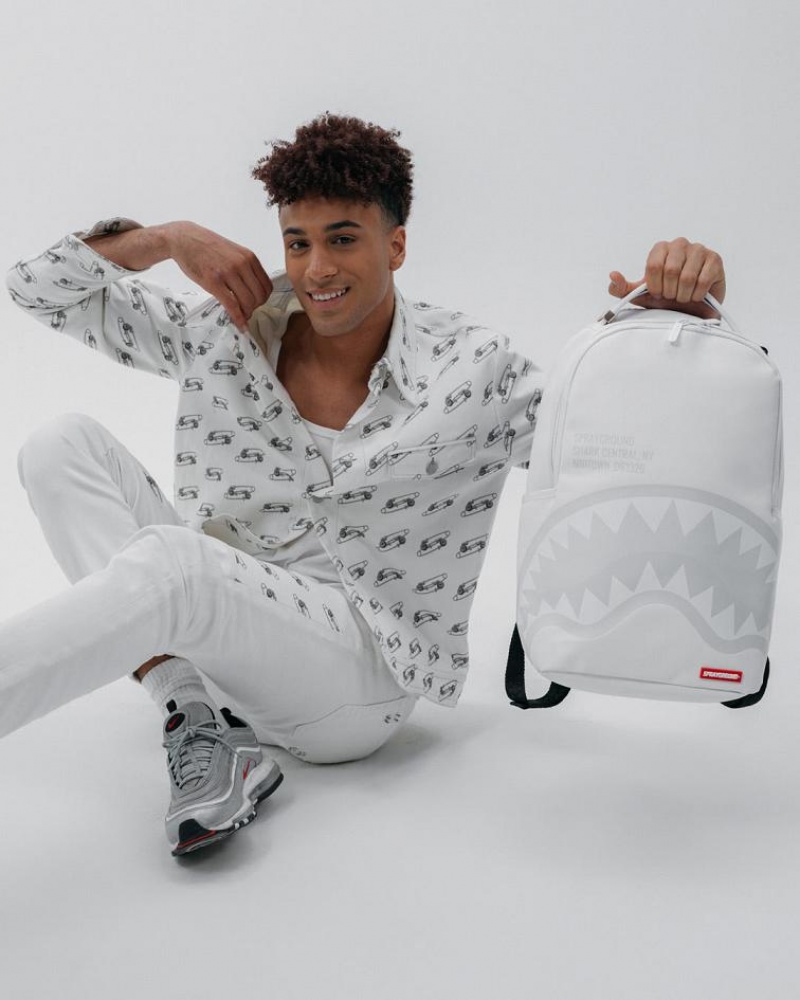 White Men's Sprayground Shark Central Backpacks | RHJK06954