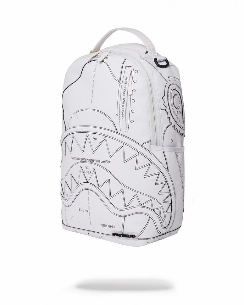 White Men's Sprayground Technical Cut & Shark Backpacks | UJFI91038