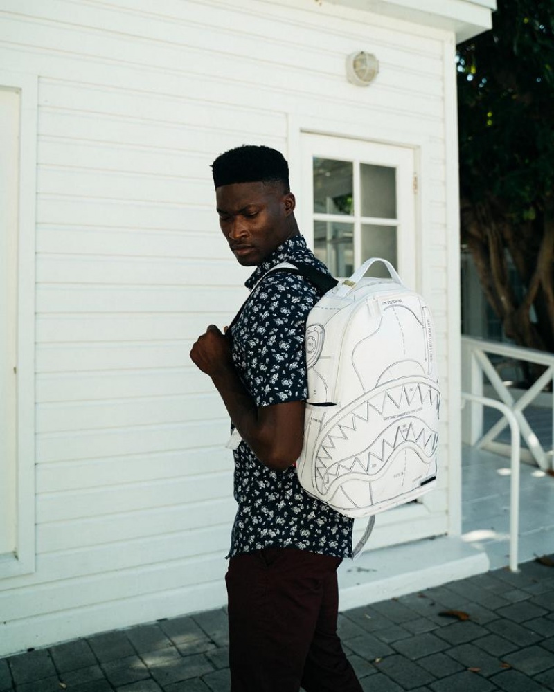 White Men's Sprayground Technical Cut & Shark Backpacks | UJFI91038