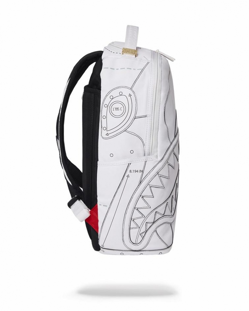 White Men's Sprayground Technical Cut & Shark Backpacks | UJFI91038