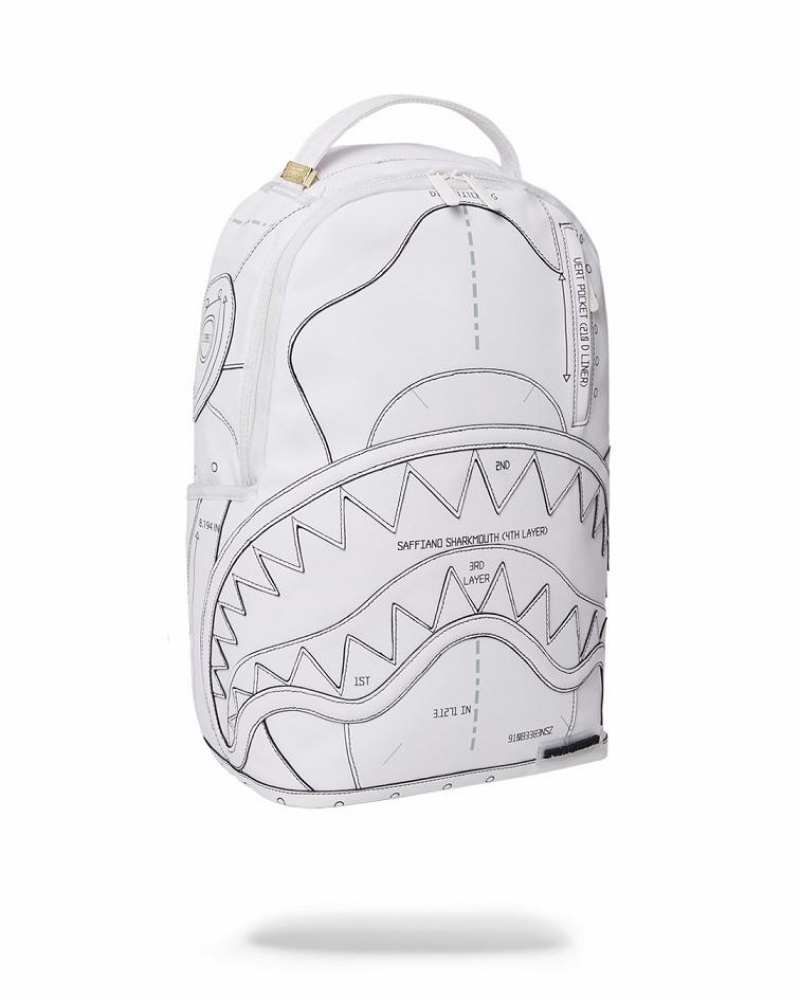 White Men's Sprayground Technical Cut & Shark Backpacks | UJFI91038