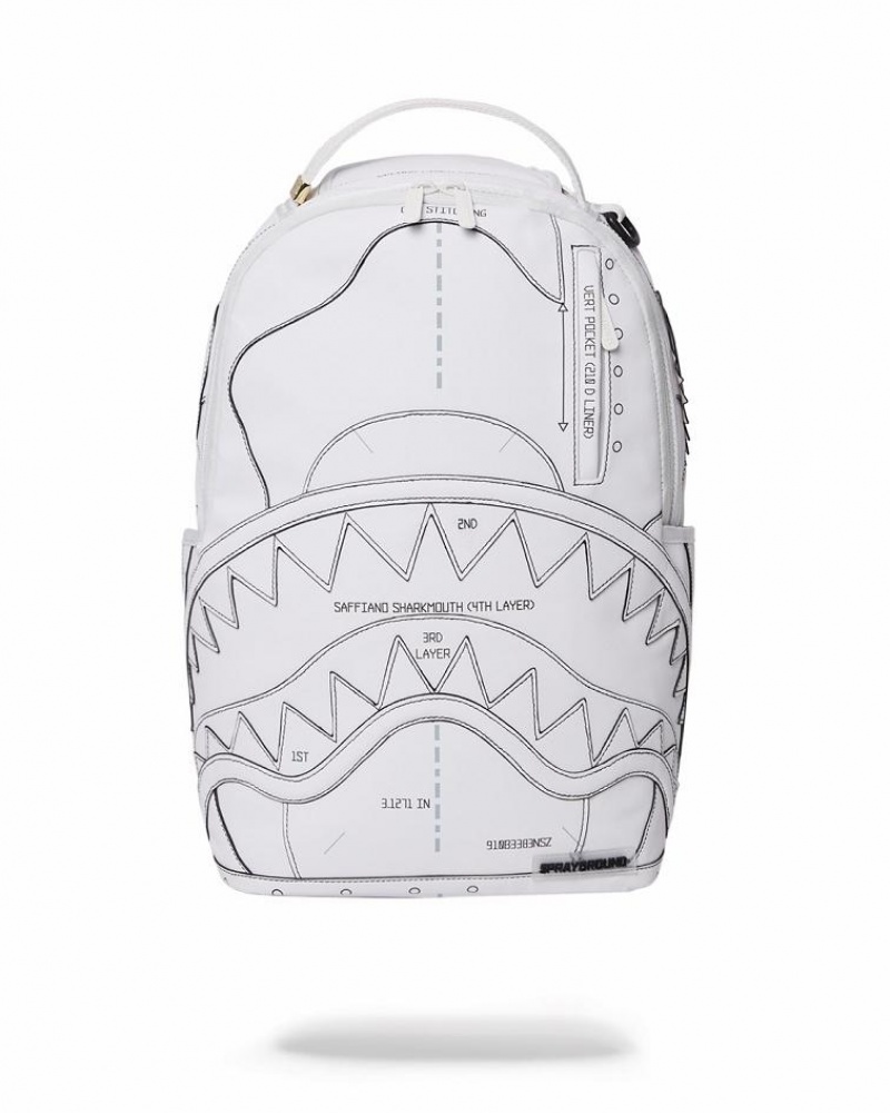 White Men\'s Sprayground Technical Cut & Shark Backpacks | UJFI91038