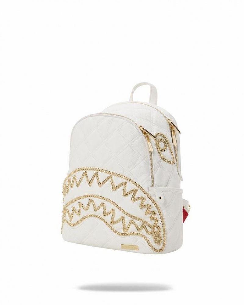 White Women's Sprayground Riviera Le Blanc Gold Chain Shark Savage | WANL10249