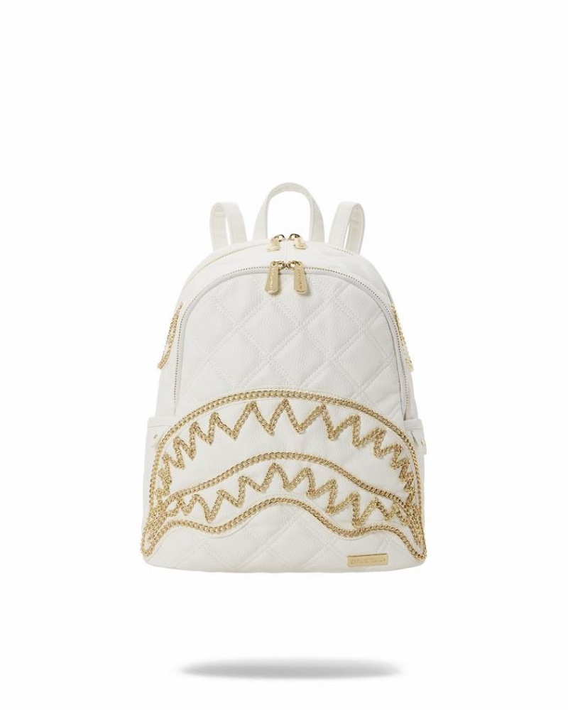 White Women\'s Sprayground Riviera Le Blanc Gold Chain Shark Savage | WANL10249