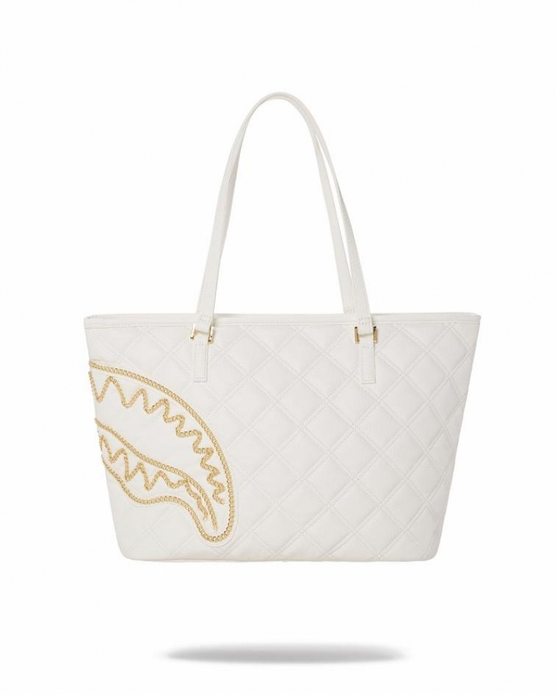 White Women's Sprayground Riviera Le Blanc Gold Chain Shark Tote Bags | MVWG74612