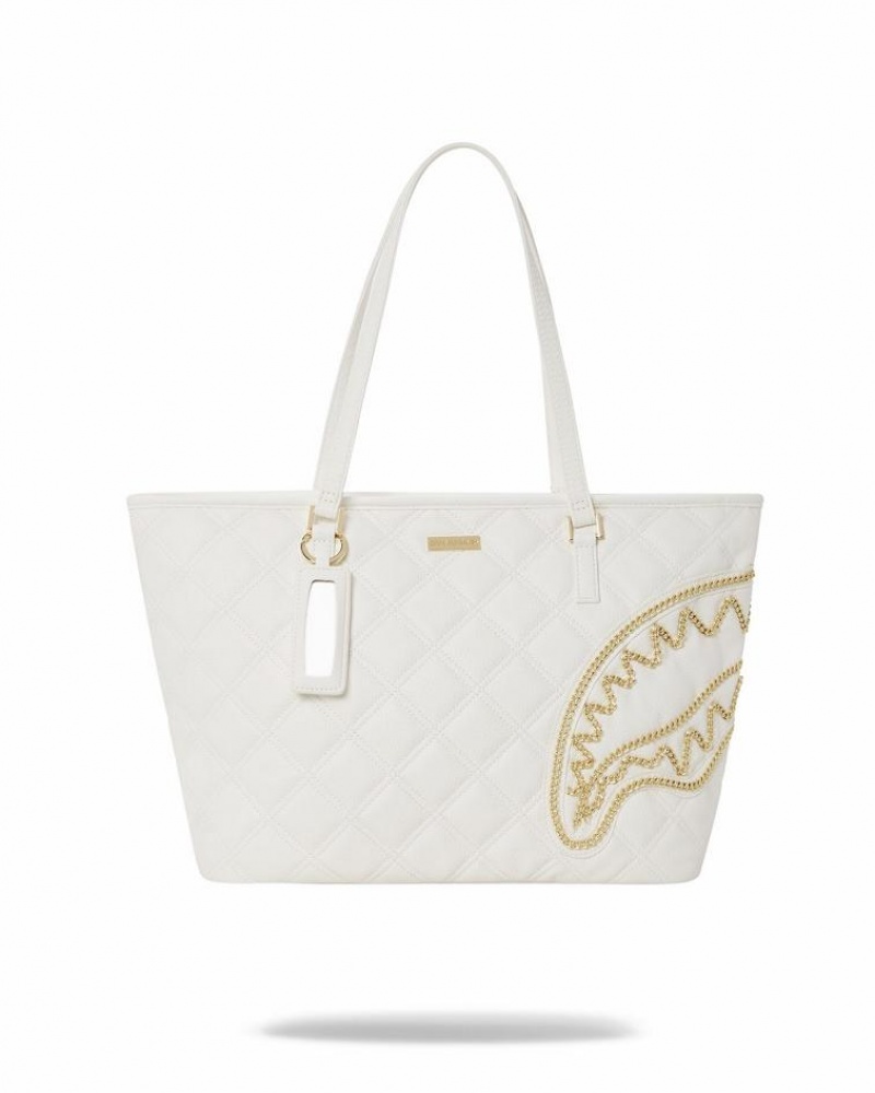 White Women\'s Sprayground Riviera Le Blanc Gold Chain Shark Tote Bags | MVWG74612