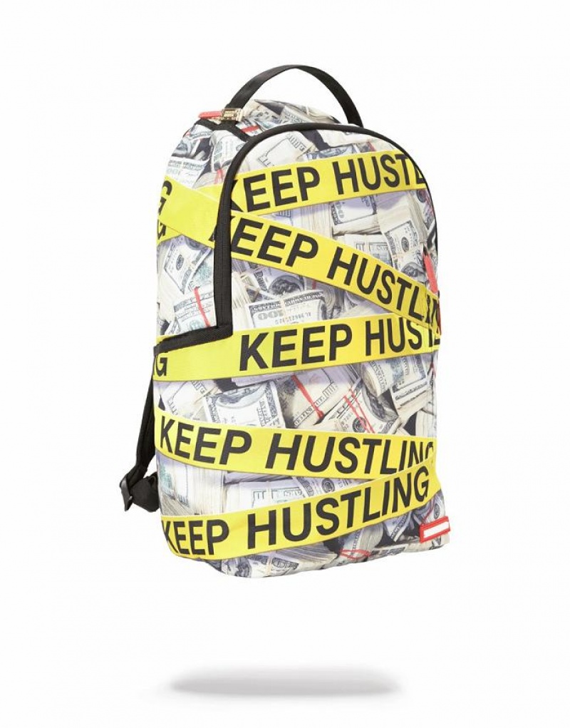 White Yellow Men's Sprayground Keep Hustling Backpacks | YCDG47029