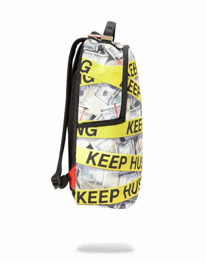 White Yellow Men's Sprayground Keep Hustling Backpacks | YCDG47029