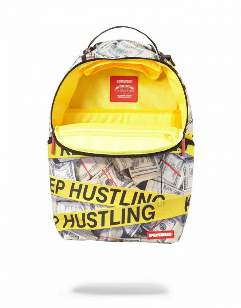 White Yellow Men's Sprayground Keep Hustling Backpacks | YCDG47029