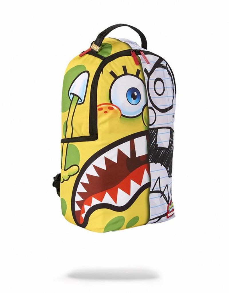 White Yellow Men's Sprayground Spongdoodle Bob Backpacks | QRWC79864