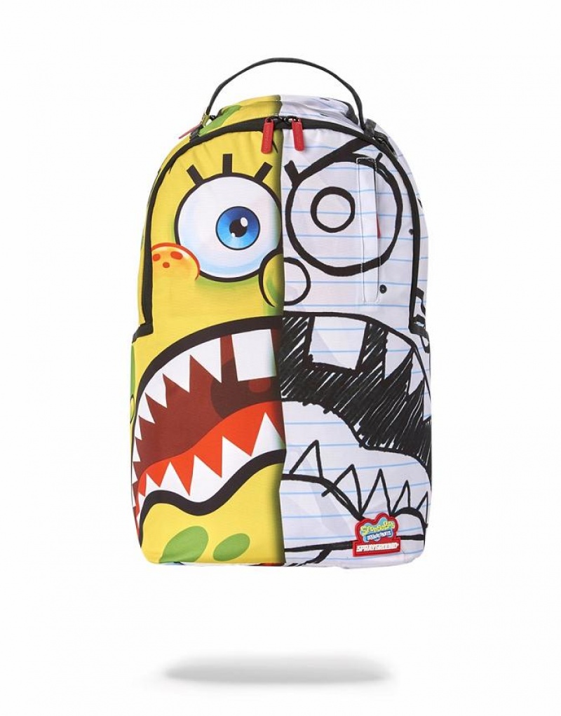 White Yellow Men\'s Sprayground Spongdoodle Bob Backpacks | QRWC79864