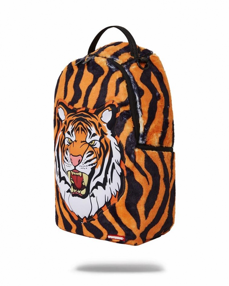 Yellow Men's Sprayground Tiger Cozy Velour Fur Backpacks | WSGU92478