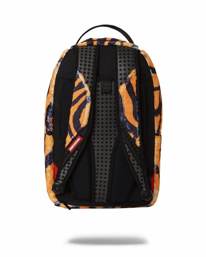 Yellow Men's Sprayground Tiger Cozy Velour Fur Backpacks | WSGU92478