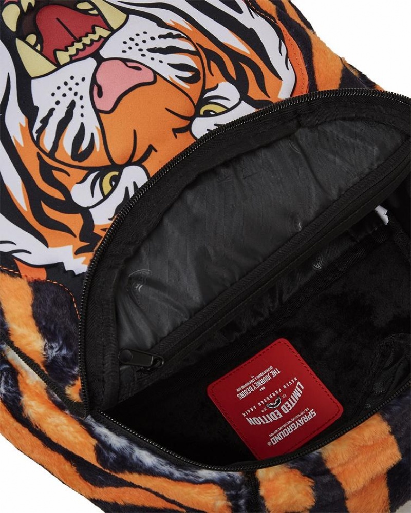 Yellow Men's Sprayground Tiger Cozy Velour Fur Backpacks | WSGU92478