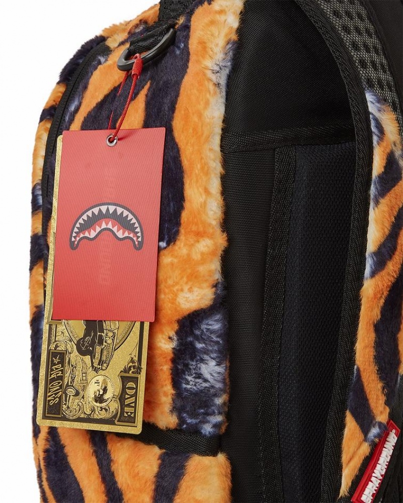 Yellow Men's Sprayground Tiger Cozy Velour Fur Backpacks | WSGU92478