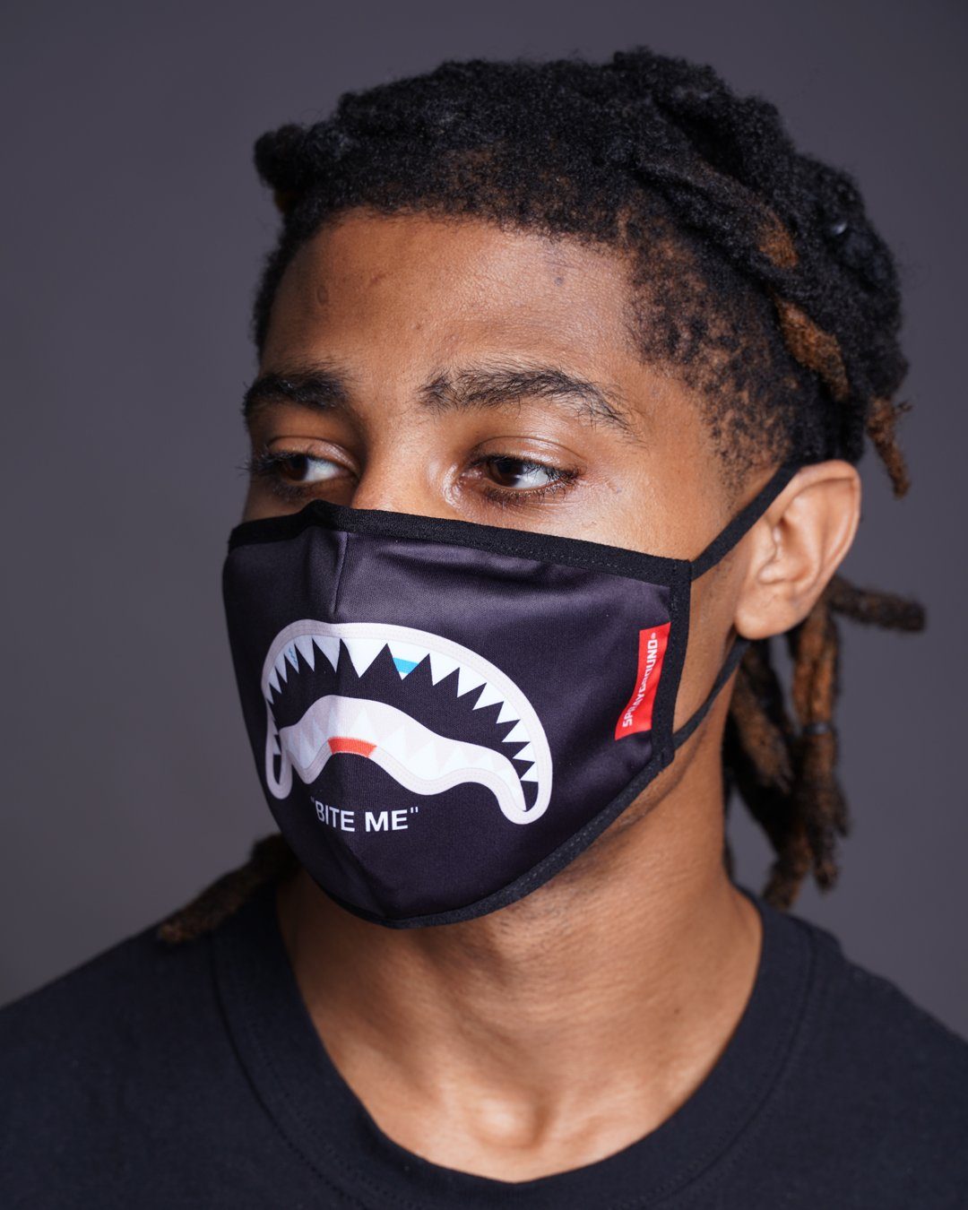 BITE ME SHARK (BLK) POLYESTER FACE MASK - Image 2